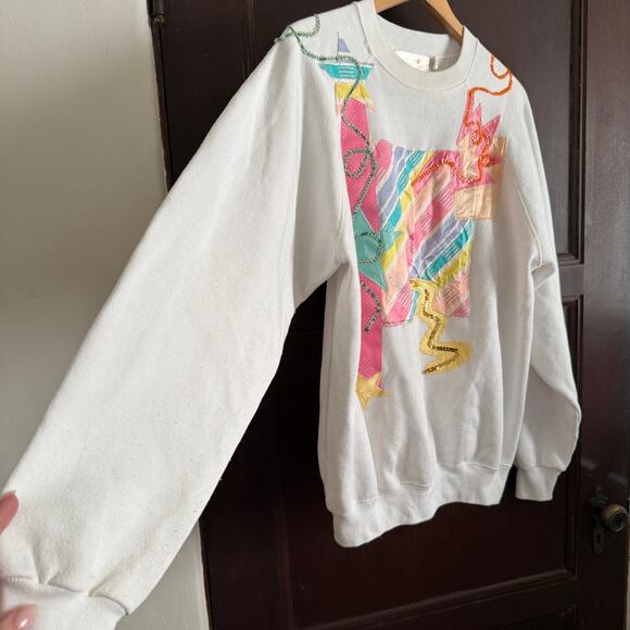 80s Vintage Marcia White and Neon Spandex Sequin Sweatshirt Oversized | Medium - Picture 5 of 6